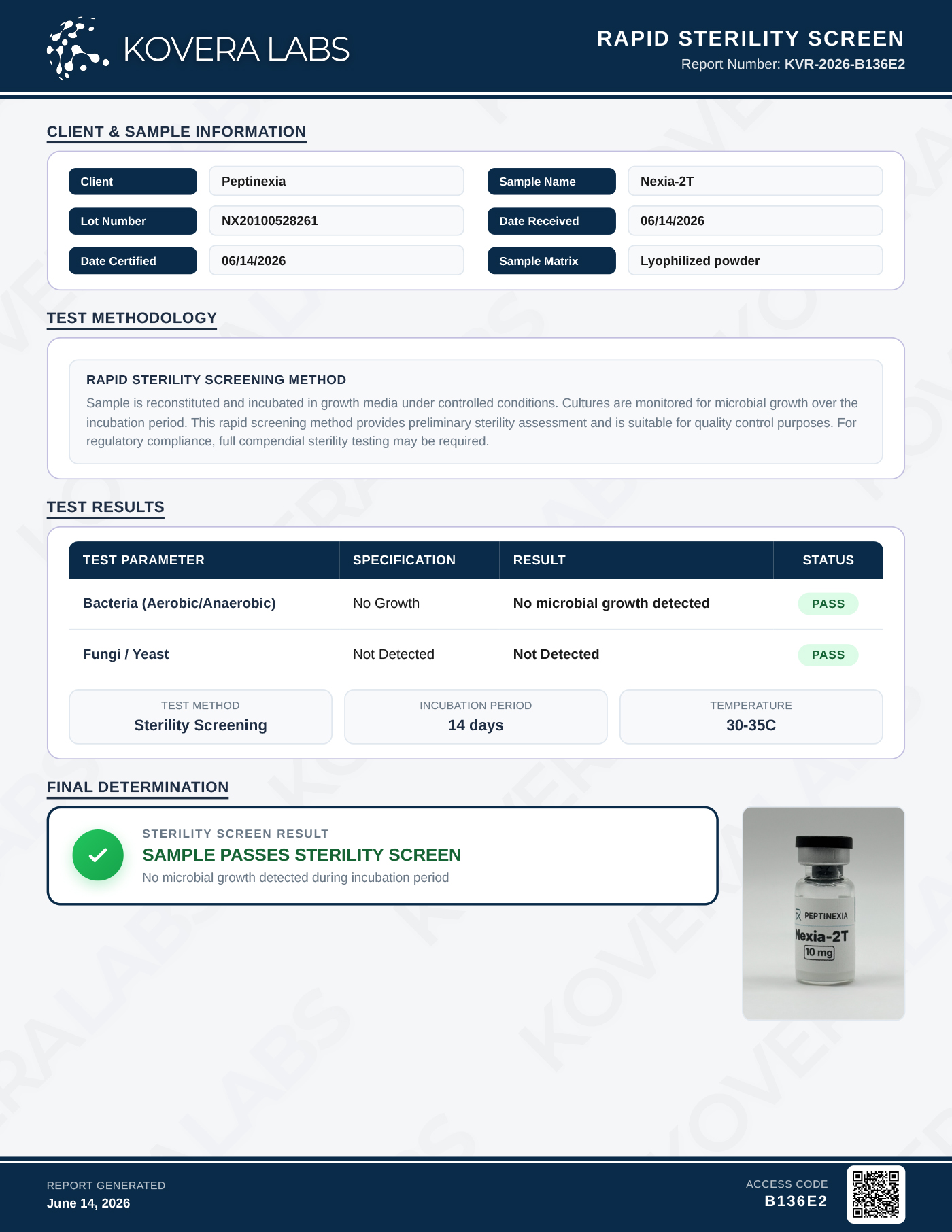 Kovera Labs rapid sterility screen for Nexia-2T lot NX20100528261